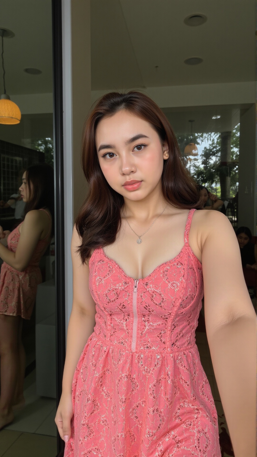 a seductive **** indonesian girl wearing seductive sensual sexy bright slutty micro dress with deep cleavage. She is posin...