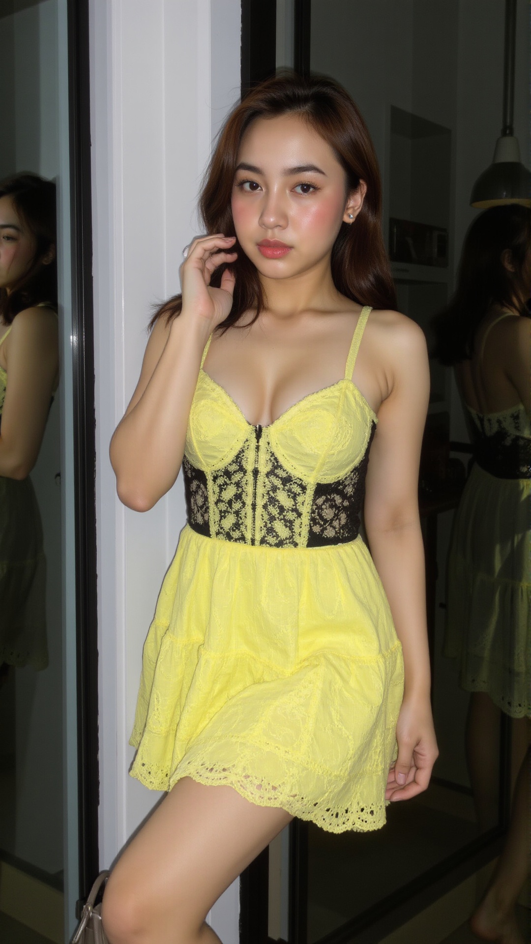a seductive **** indonesian girl wearing seductive sensual sexy bright slutty micro dress with deep cleavage. She is posin...