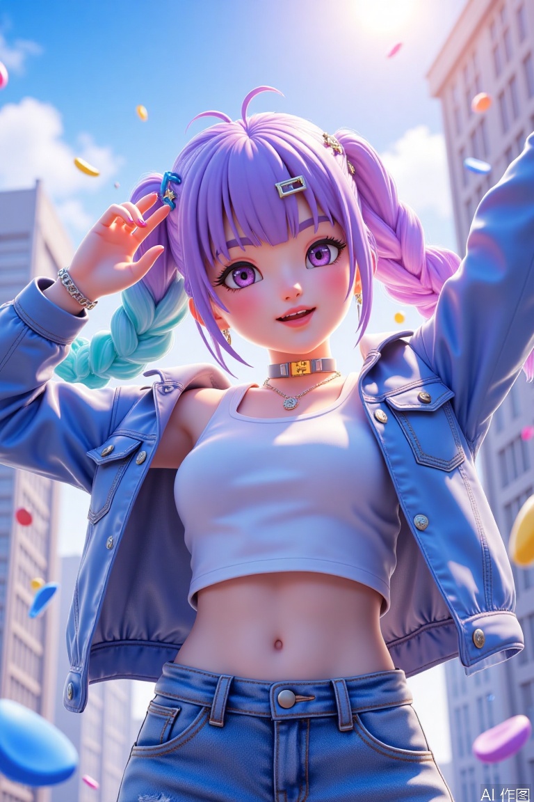 1girl, solo, long hair, looking at viewer, bangs, hair ornament, jewelry, purple eyes, braid, twintails,multicolored hair, choker, hairclip, pink eyes, off shoulder, star \(symbol\), nail polish, bracelet, aqua hair, ring, hair rings, star hair ornament, breasts, smile, open mouth, shirt, jacket, closed eyes, outdoors, open clothes, midriff, pants, armpits, arms up, crop top, tanks tops, denim, blue jacket, jeans, stretching, photo background ,backlighting,blue and white theme,depth of field,cinematic lighting,light particles,lens flare, (artist:quasarcake:0.8),extreme aesthetic,(wlop:0.6),masterpiece,best quality,good quality,newest,year 2024,year 2023,very aesthetic,absurdres,Visual impact,A shot with tension, ultra-high resolution,32K UHD,sharp focus,best-quality,masterpiece,Emotionalization,unconventional supreme masterpiece,masterful details,temperate atmosphere,with a high-end texture,in the style of fashion photography, (Visual impact:1.2),giving the poster a dynamic and visually striking appearance,impactful picture,offcial art,colorful,splash of color,movie perspective, masterpiece,best quality,amazing quality,very aesthetic,absurdres,best quality,newest