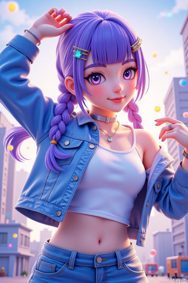 1girl, solo, long hair, looking at viewer, bangs, hair ornament, jewelry, purple eyes, braid, twintails,multicolored hair, choker, hairclip, pink eyes, off shoulder, star \(symbol\), nail polish, bracelet, aqua hair, ring, hair rings, star hair ornament, breasts, smile, open mouth, shirt, jacket, closed eyes, outdoors, open clothes, midriff, pants, armpits, arms up, crop top, tanks tops, denim, blue jacket, jeans, stretching, photo background ,backlighting,blue and white theme,depth of field,cinematic lighting,light particles,lens flare, (artist:quasarcake:0.8),extreme aesthetic,(wlop:0.6),masterpiece,best quality,good quality,newest,year 2024,year 2023,very aesthetic,absurdres,Visual impact,A shot with tension, ultra-high resolution,32K UHD,sharp focus,best-quality,masterpiece,Emotionalization,unconventional supreme masterpiece,masterful details,temperate atmosphere,with a high-end texture,in the style of fashion photography, (Visual impact:1.2),giving the poster a dynamic and visually striking appearance,impactful picture,offcial art,colorful,splash of color,movie perspective, masterpiece,best quality,amazing quality,very aesthetic,absurdres,best quality,newest