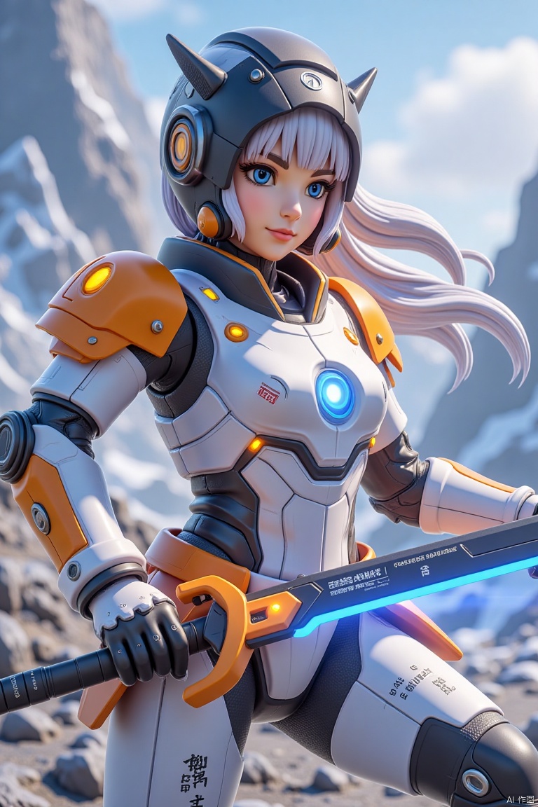She wears a white and orange battle suit, blue eyes, long white hair, bangs, which shows a unique charm. The female warrior wears a black helmet on her head, with smooth lines and a sense of technology. The edge of the helmet has a ring of orange decoration, which echoes the color of the battle armor, making her head look more formidable. On her shoulders were orange glowing dots, like stars shining in the darkness. She has an energy core on her chest, and this energy core is the source of her power. It constantly emits a faint blue light, as if it were a beating heart, providing a constant source of energy for her armor. Her weapon is a two-handed sword made of an unknown alloy that is both hard and light. The body of the sword emits a light, as if there is a spiritual general. Whenever she wielded the sword, the blade would flash a dazzling light, accompanied by the sharp breaking wind, which was frightening. 1 gril,masterpiece, render,technology, (best quality) (masterpiece), (highly detailed), game,4K,Official art, unit 8 k wallpaper, ultra detailed, beautiful and aesthetic, masterpiece, best quality, extremely detailed, dynamic angle, atmospheric,high detail,science fiction,CG, mecha, cyberpunk, Angel