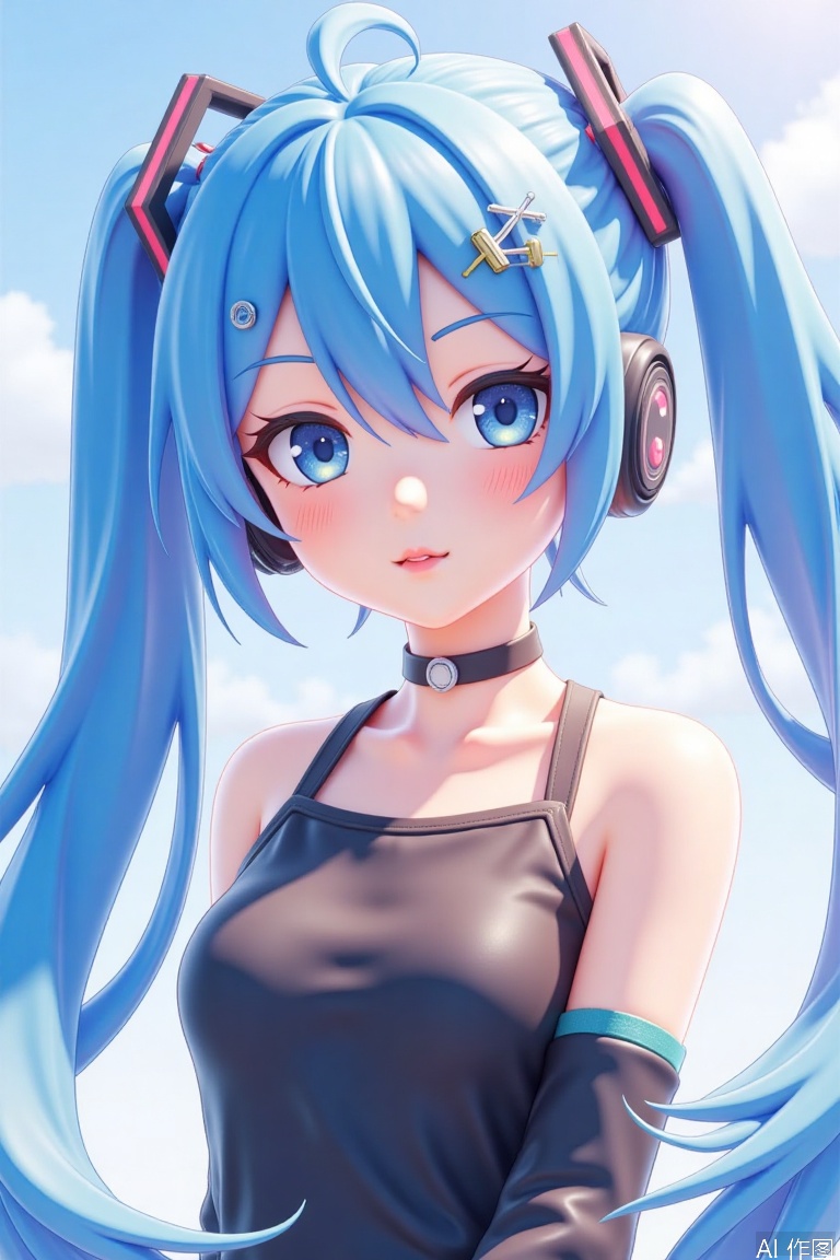 Girl, Hatsune Miku, Solo, the best quality, aesthetic, beauty, looking at the audience, separated lips, blue eyes, hair between eyes, very long hair, blue hair, floating hair, slanted tail, bangs, collarbone, black clothes, sleeveless clothes,
