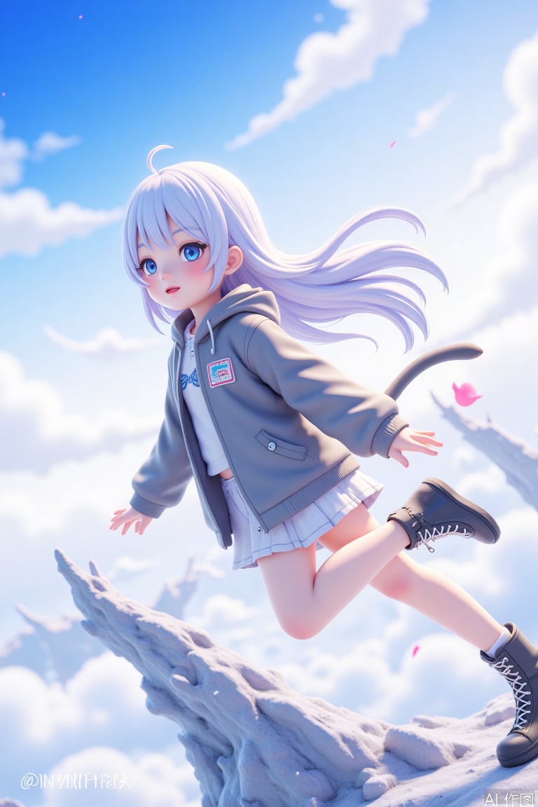 1 girl, solo, white hair, looking at the audience, blue eyes, hood, jacket, clouds, long hair, drooping tail, sky, colored eyes, floating hair,