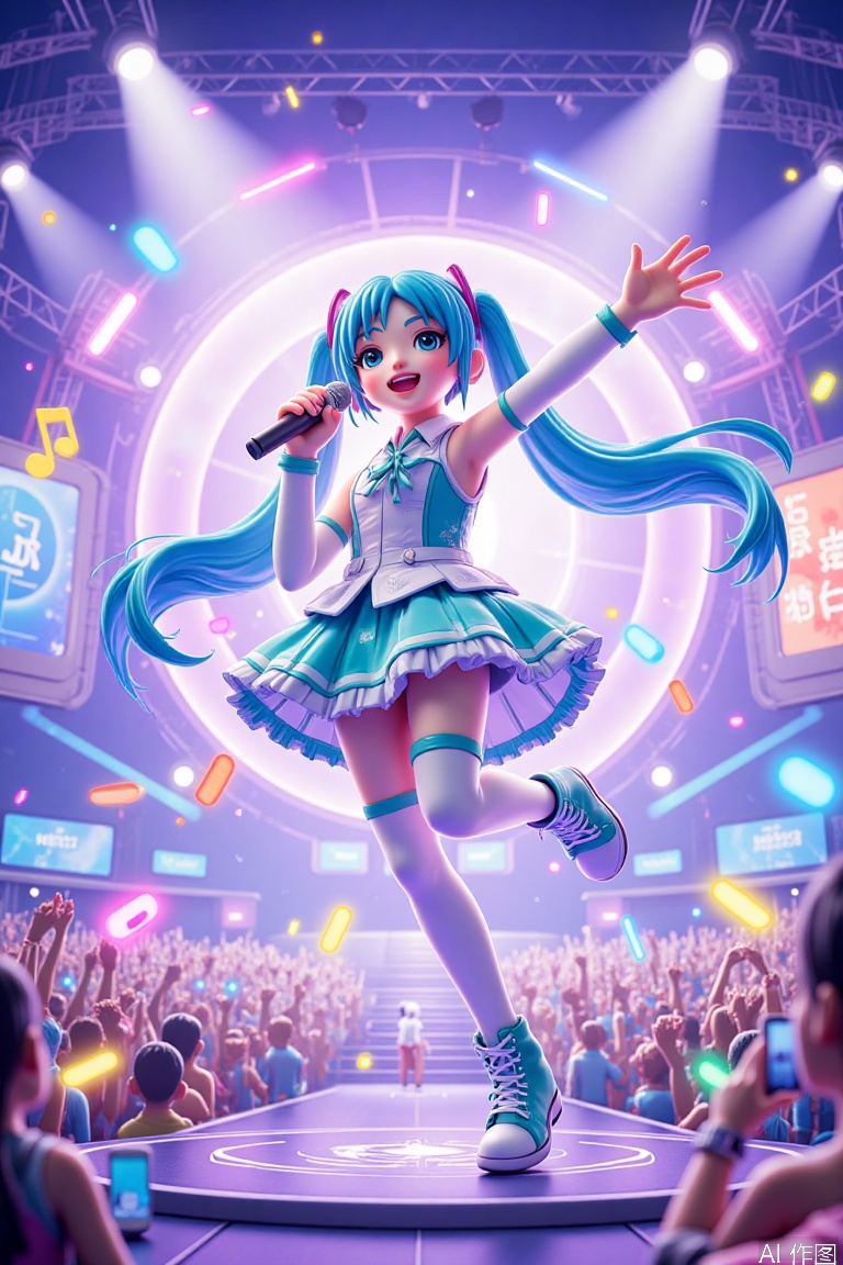 masterpiece, best quality, ultra detailed, highest quality, 1girl, hatsune miku, vocaloid, aqua twin tails, very long hair, magical girl idol, beautiful detailed eyes, bright eyes, dynamic pose, singing pose, open mouth, radiant smile, confident expression, idol outfit, frilly dress, detached sleeves, thigh-highs, floating ribbons, concert stage, dynamic stage lighting, colorful spotlights, laser show, glowing music notes, floating holographic displays, huge concert venue, cheering crowd, light sticks, dynamic angle, dramatic lighting, sparkles, lens flare, concert atmosphere, energy particles, glowing effects,
