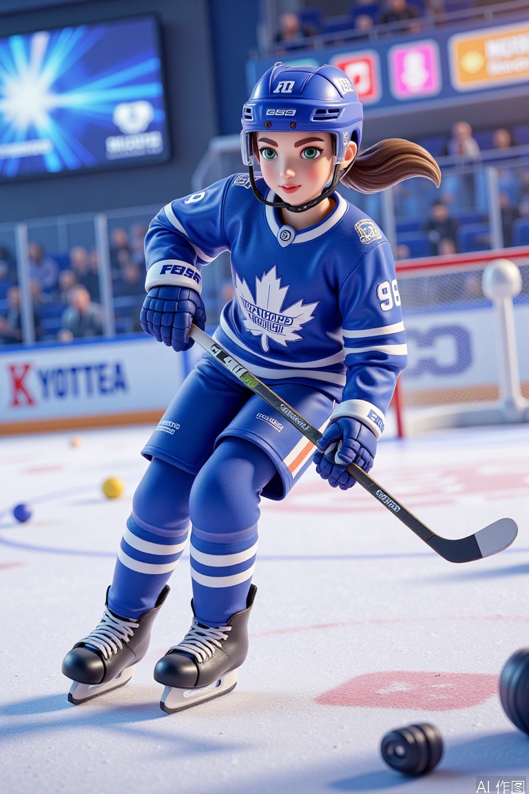 xxc,1girl, solo, short hair, determined expression, no bangs, green eyes, ice hockey uniform, helmet, shoulder pads, skating, short hair, open - mouth, blonde hair, ponytail, no ahoge, brown hair, no hairclip, indoors, ice hockey skates, hockey socks, hockey stick, blue uniform, team logo, on ice rink,masterpiece,best quality,high quality,overexposure,chromatic_aberration,light,fair_skin, very aesthetic,absurdres, masterpiece, amazing quality,(aestivation:0.4),(nasii:0.4),(toosaka asagi:0.4),(atdan:0.4),(artist:quasarcake:0.8),(iumu:0.72),(wlop:0.72),96YOTTEA,Konya Karasue, //, depth of field,detailed light,blurry background,best shadow,shiny skin,cinematic lighting,ray tracing, amazing quality, very aesthetic, absurdres, best quality, ultra detailed, newest,8K,HDR