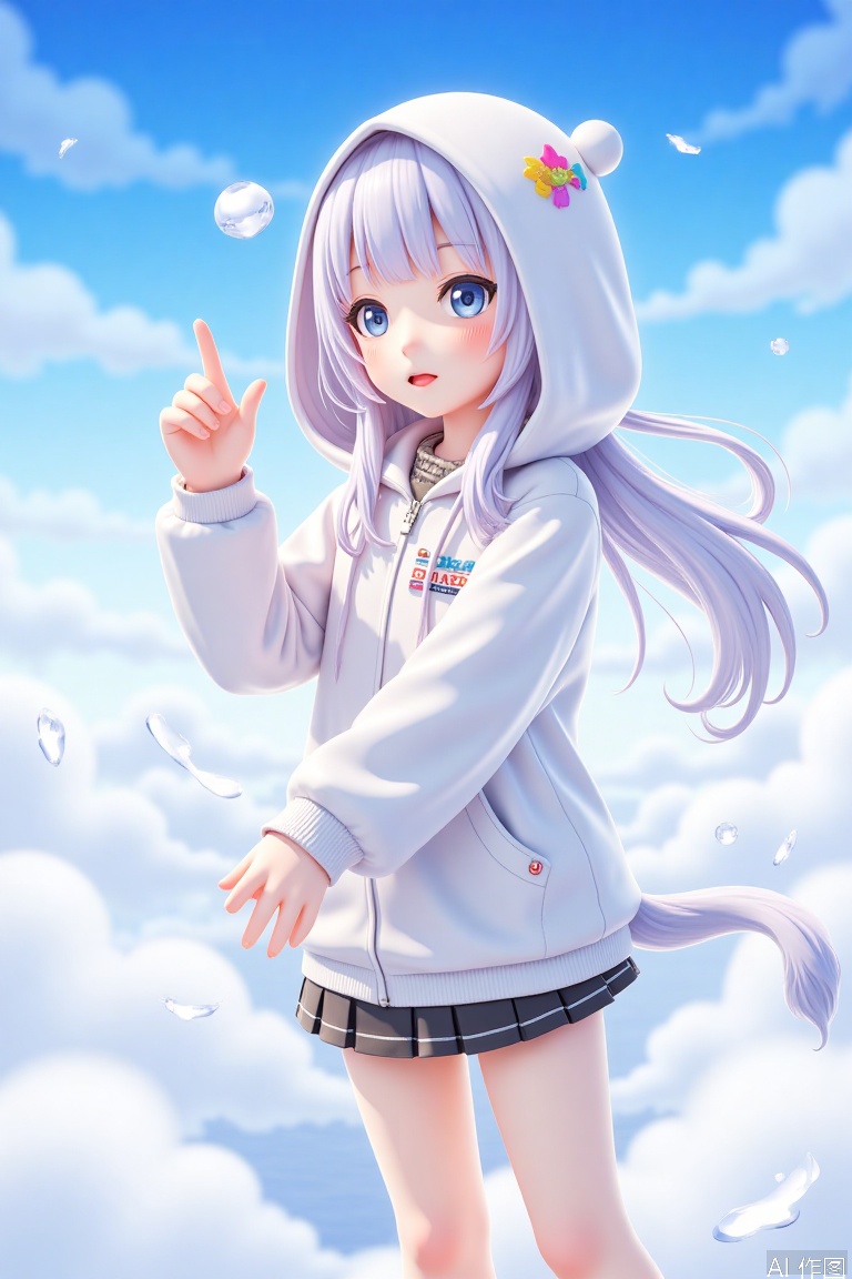 1 girl, solo, white hair, looking at the audience, blue eyes, hood, jacket, clouds, long hair, drooping tail, sky, colored eyes, floating hair,