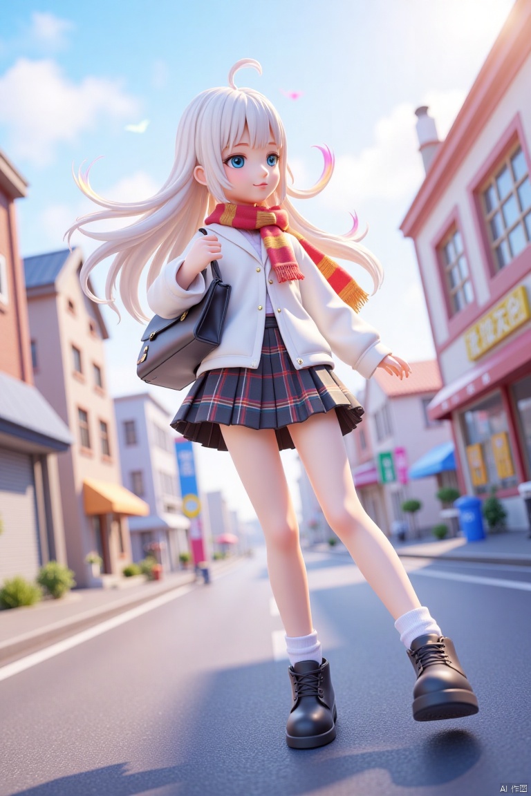 1girl, long hair, iridescent colors flowing through hair. skirt, shirt, ribbon, holding, school uniform, white shirt, white hair, pleated skirt, outdoors, sky, shoes, solo focus, day, socks, bag, black footwear, coat, plaid, plaid skirt, building, road, holding bag, loose socks, street,blonde hair, striped, scarf, holding wand, hogwarts school uniform ,masterpiece,best quality,high quality,[[artist: ogipote ]],good work, (best quality), illustration, depth of field, (color),masterpiece,best quality,petite,cute,loli, kawaii, , mmd Style,,artist: wlop,artist:chen_bin,[[artist:ke-ta]],artist: hitenkei,[[artist: sheya]],