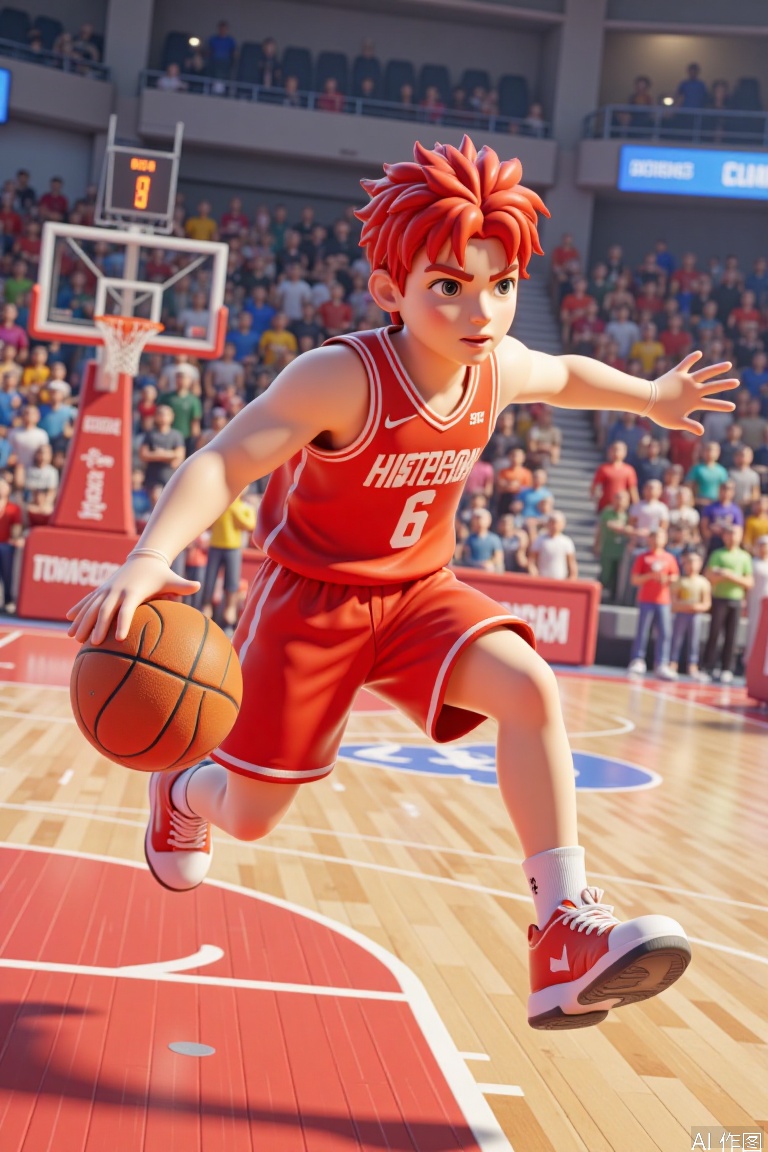 masterpiece,best quality,ultra-high resolutions,32K UHD,best quality,masterpiece,solo,1boy,Sakuragi Hanamichi,Red Inch Haircut,red hair,red basketball uniform,red shorts,open mouth,run,jump,holding ball,wooden floor,Basketball hoop,spectator stand,simple background,looking at viewer,3d,slamduck style,
