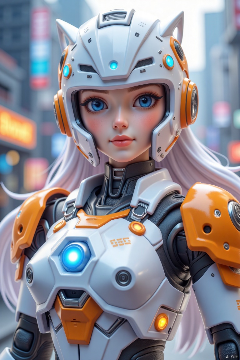 A girl, she wore a white and orange combat uniform, blue eyes, long white hair, and bangs, showing a unique charm. Female warriors wear helmets on their heads, smooth lines, full of technology. The rim of the helmet has a ring of orange decoration that echoes the color of the battle armor, making her head look even more terrifying. There were orange glowing dots on her shoulders, like twinkling stars in the dark. She has an energy core in her chest, which is the source of her power. It constantly emits a faint blue light, as if it were a beating heart, providing a constant source of energy for her armor. Her weapon is a two-handed sword made of an unknown alloy that is both hard and light. The blade shines, the blade shines, sci-fi, CG, Mecha, cyberpunk,