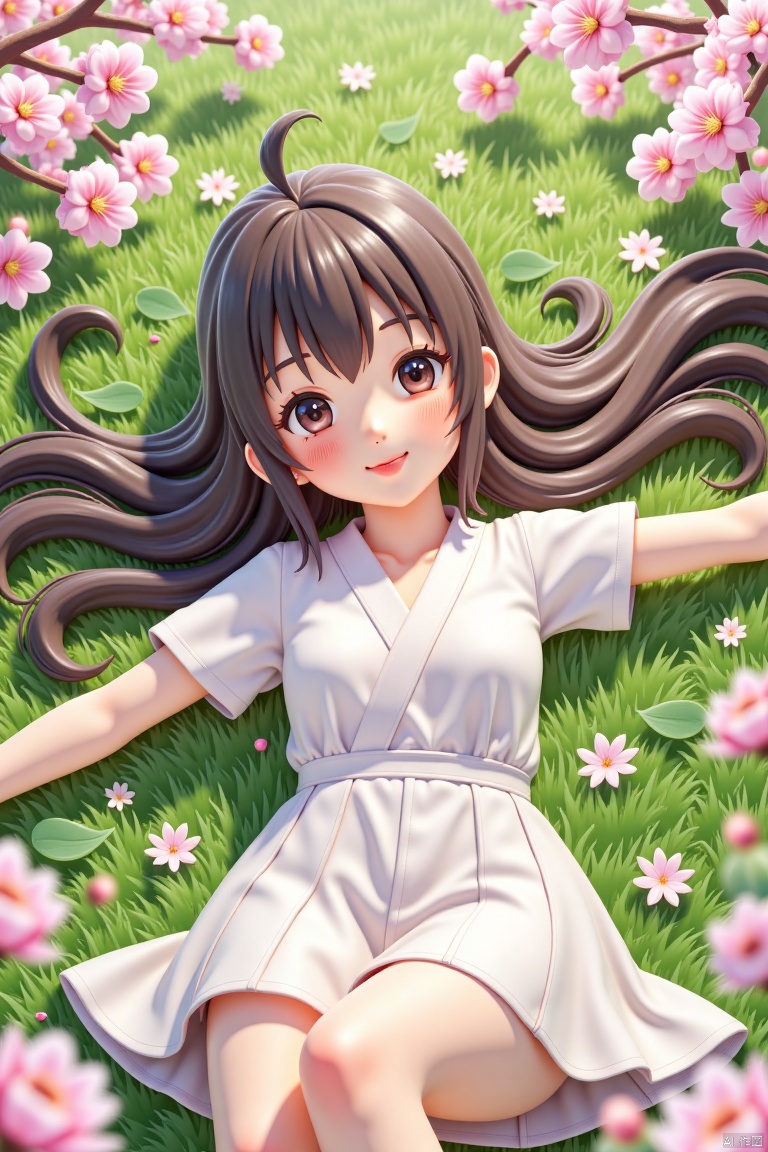 1girl,posture and environment Lying on a bed of green grass with scattered cherry blossoms (lying on a bed of green grass with scattered cherry blossoms) Long, flowing hair spread out around One arm extended gracefully beside ( One arm stretches gracefully) Facial and expressions Soft, serene facial expression (Soft, tranquil facial expression) Background and atmosphere Springtime setting with blooming cherry blossoms (Springtime setting with blooming cherry blossoms) A peaceful and dreamy atmosphere (Serene and dreamy atmosphere), Noyu movie poster.