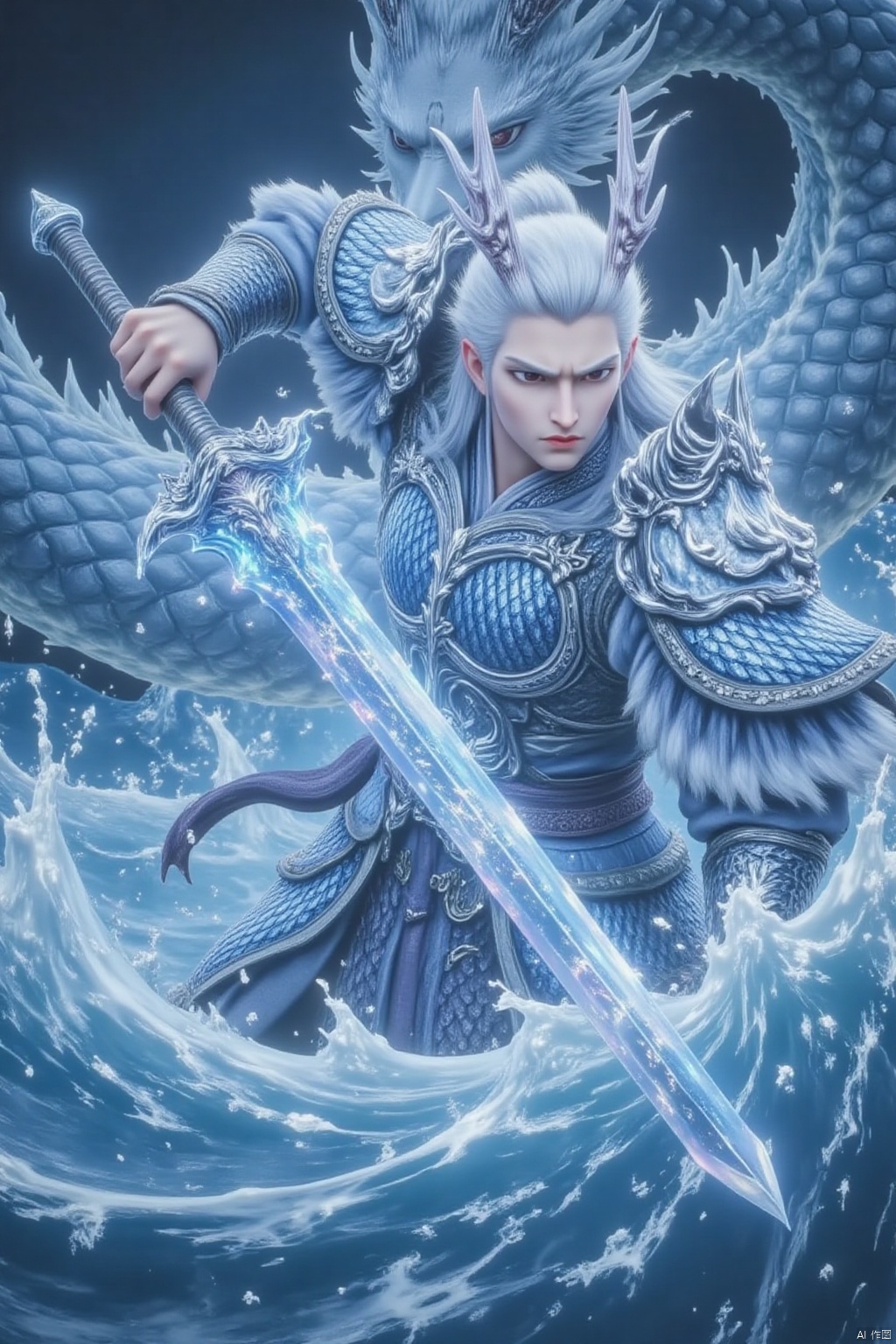solo, 1boy, weapon, white hair, male focus, boots, horns, sword, water, armor, holding sword, dragon