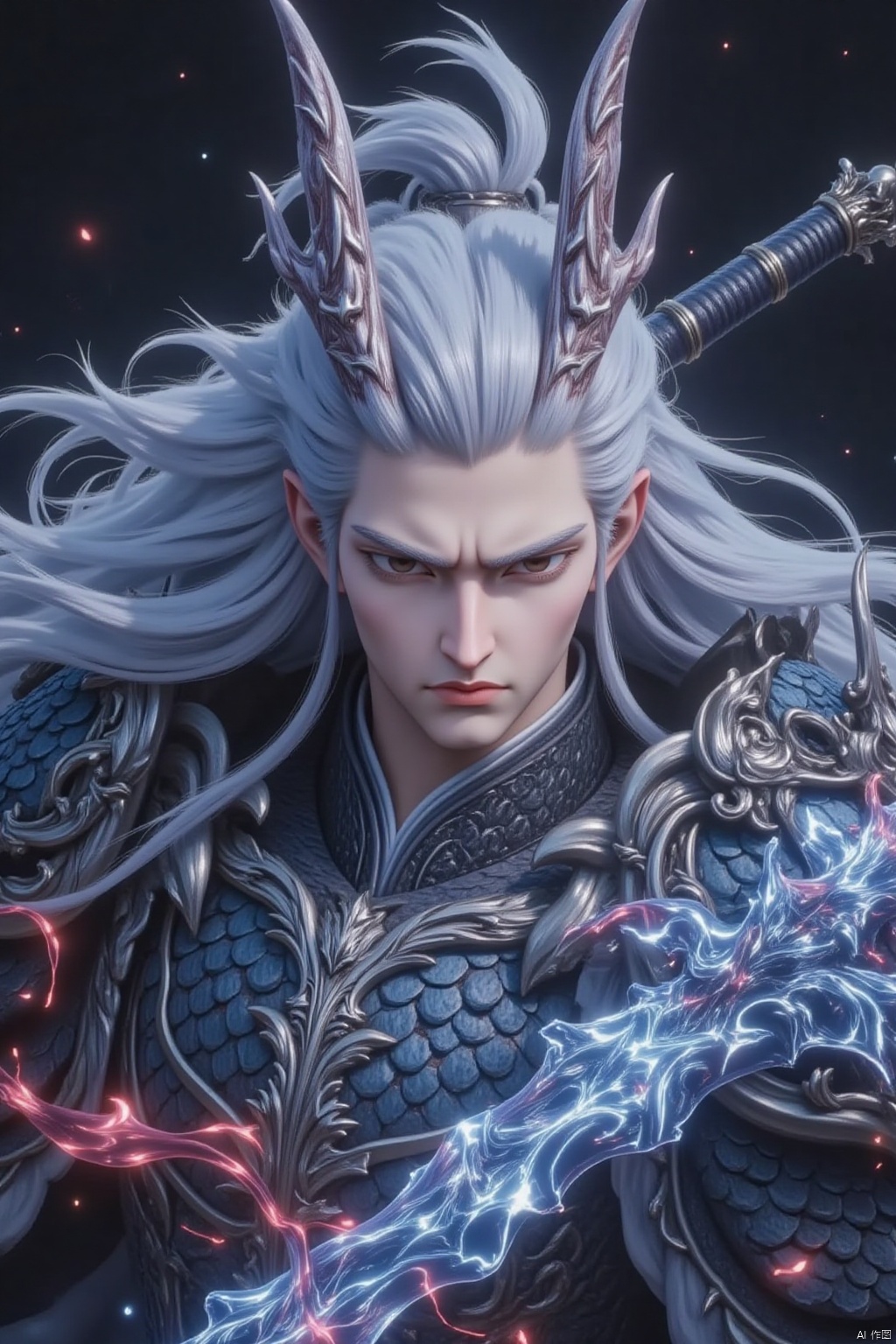 solo, long hair, 1boy, weapon, white hair, male focus, horns, sword, armor, blood, helmet