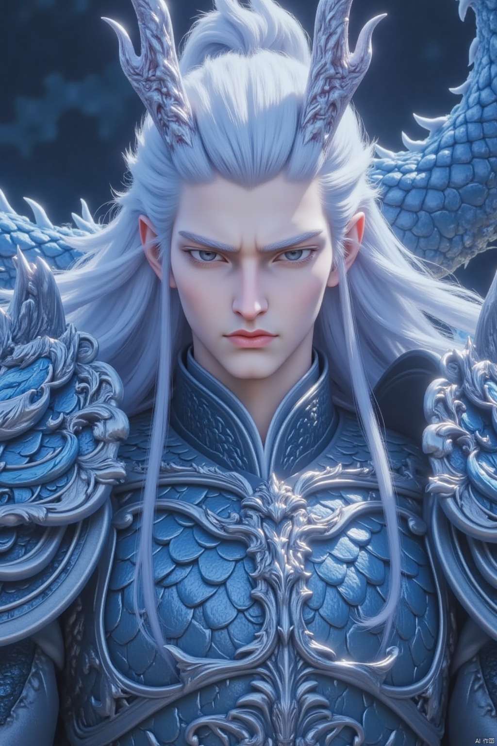 solo, long hair, looking at viewer, blue eyes, 1boy, closed mouth, upper body, white hair, male focus, pointy ears, armor, elf, shoulder armor, dragon