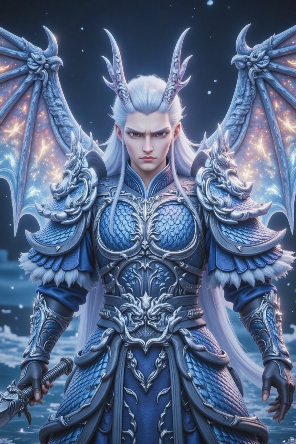solo, long hair, looking at viewer, 1boy, holding, standing, weapon, white hair, male focus, wings, horns, pointy ears, sword, holding weapon, armor, holding sword, breastplate, dragon wings