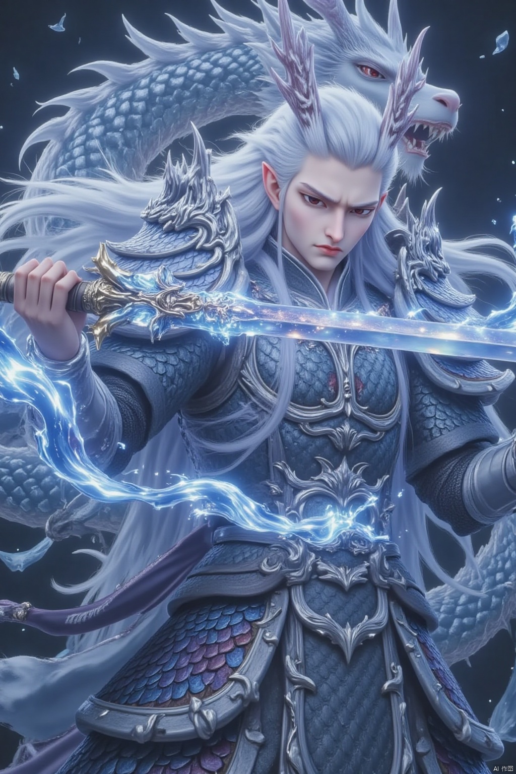 solo, long hair, red eyes, 1boy, weapon, white hair, male focus, horns, teeth, pointy ears, sword, armor, fangs, dragon