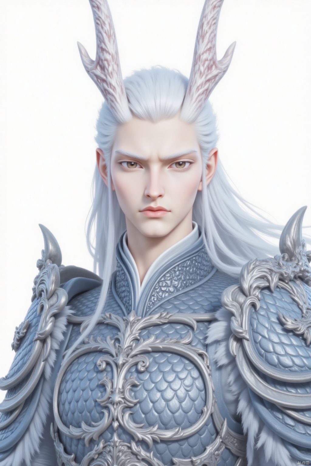 solo, long hair, looking at viewer, simple background, 1boy, white background, brown eyes, closed mouth, upper body, white hair, male focus, horns, pointy ears, armor, shoulder armor, pauldrons