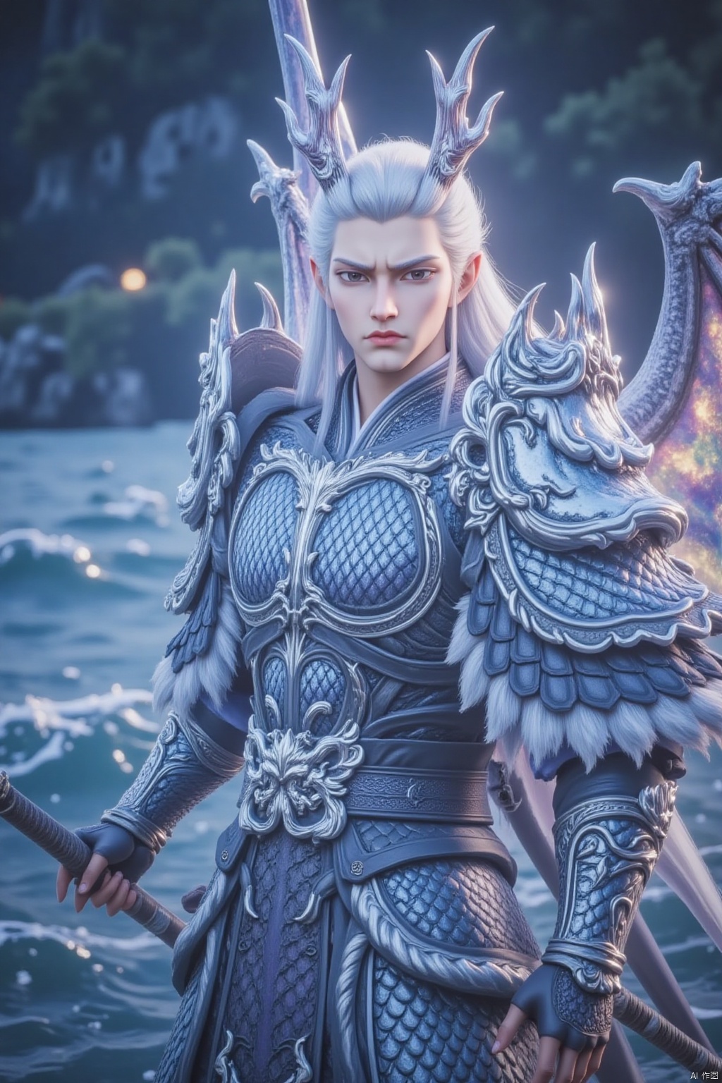 solo, long hair, looking at viewer, 1boy, holding, standing, weapon, white hair, male focus, wings, horns, pointy ears, sword, holding weapon, armor, holding sword, breastplate, dragon wings