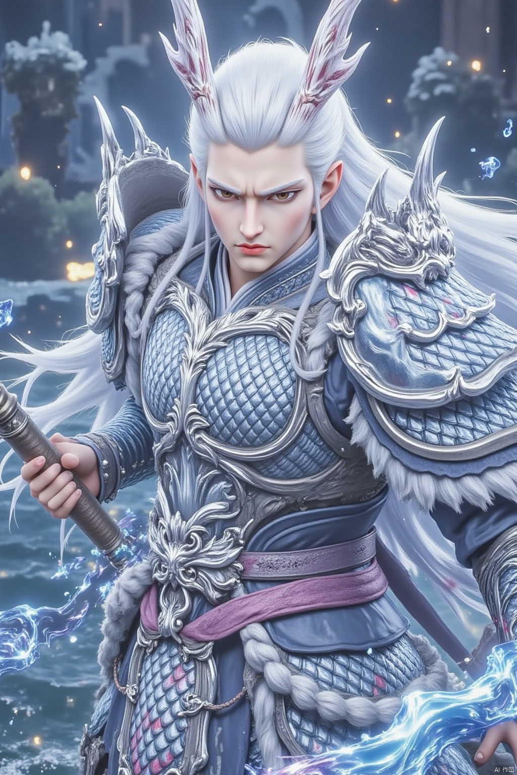 solo, long hair, 1boy, weapon, white hair, male focus, horns, sword, armor, blood, helmet