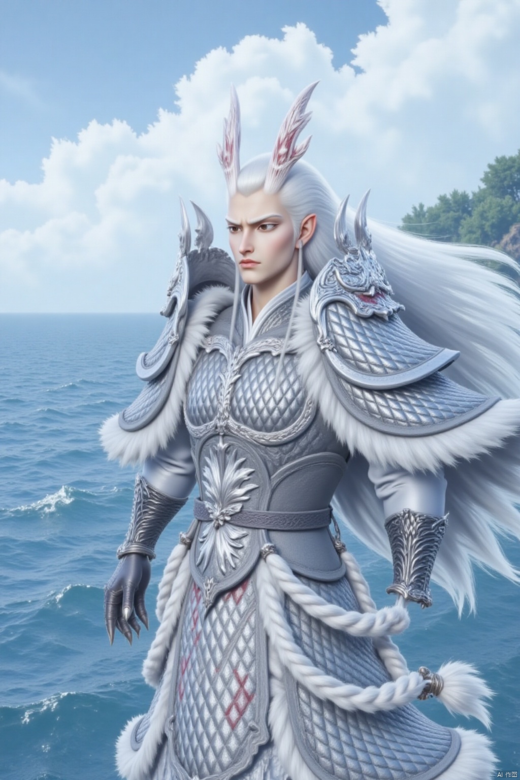 solo, long hair, 1boy, standing, white hair, male focus, outdoors, horns, sky, day, pointy ears, cloud, water, armor, fur trim, ocean, watermark, gauntlets