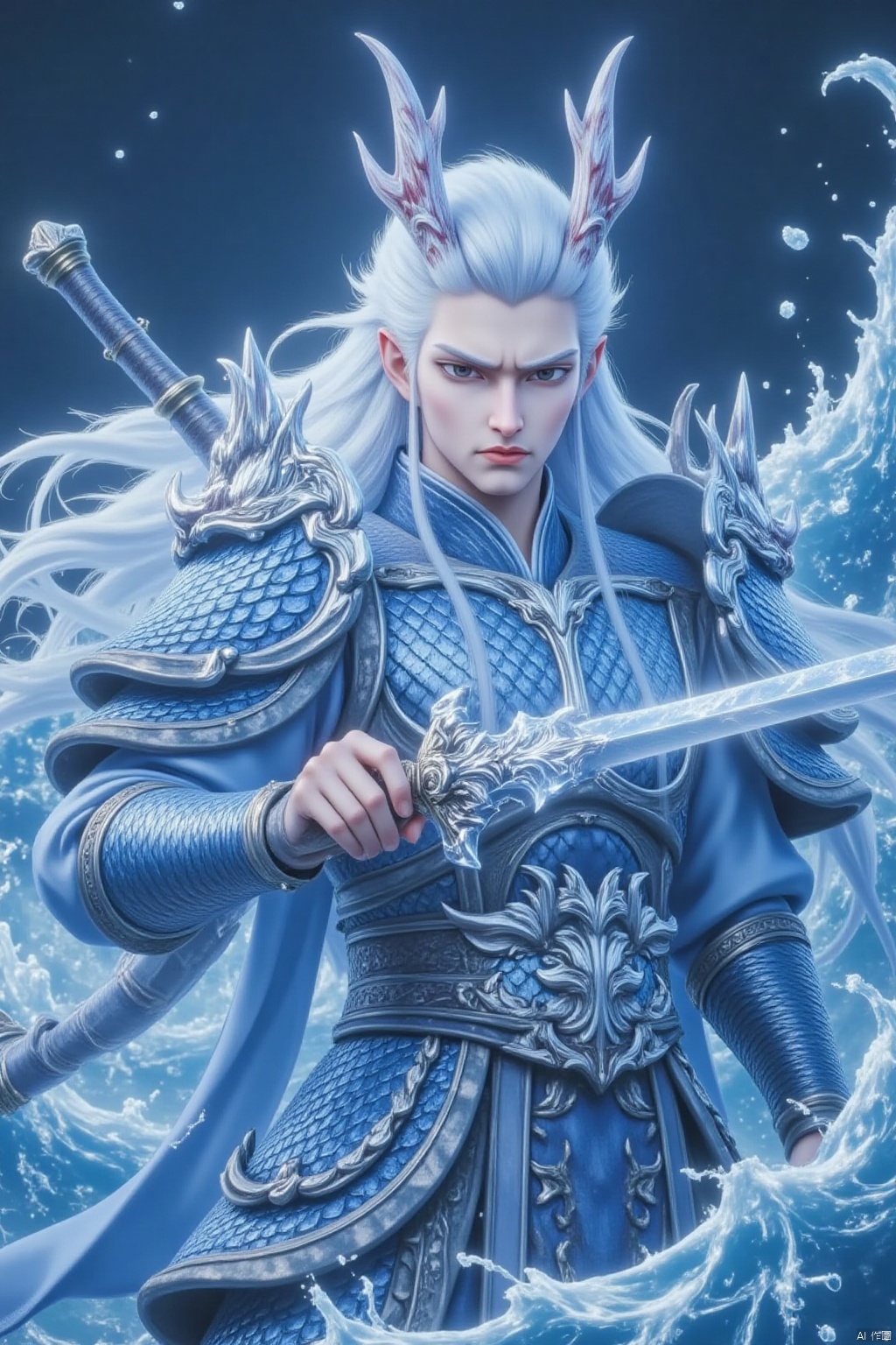 long hair, 1boy, holding, weapon, white hair, male focus, horns, sword, water, cape, holding weapon, armor, holding sword, dragon, blue cape