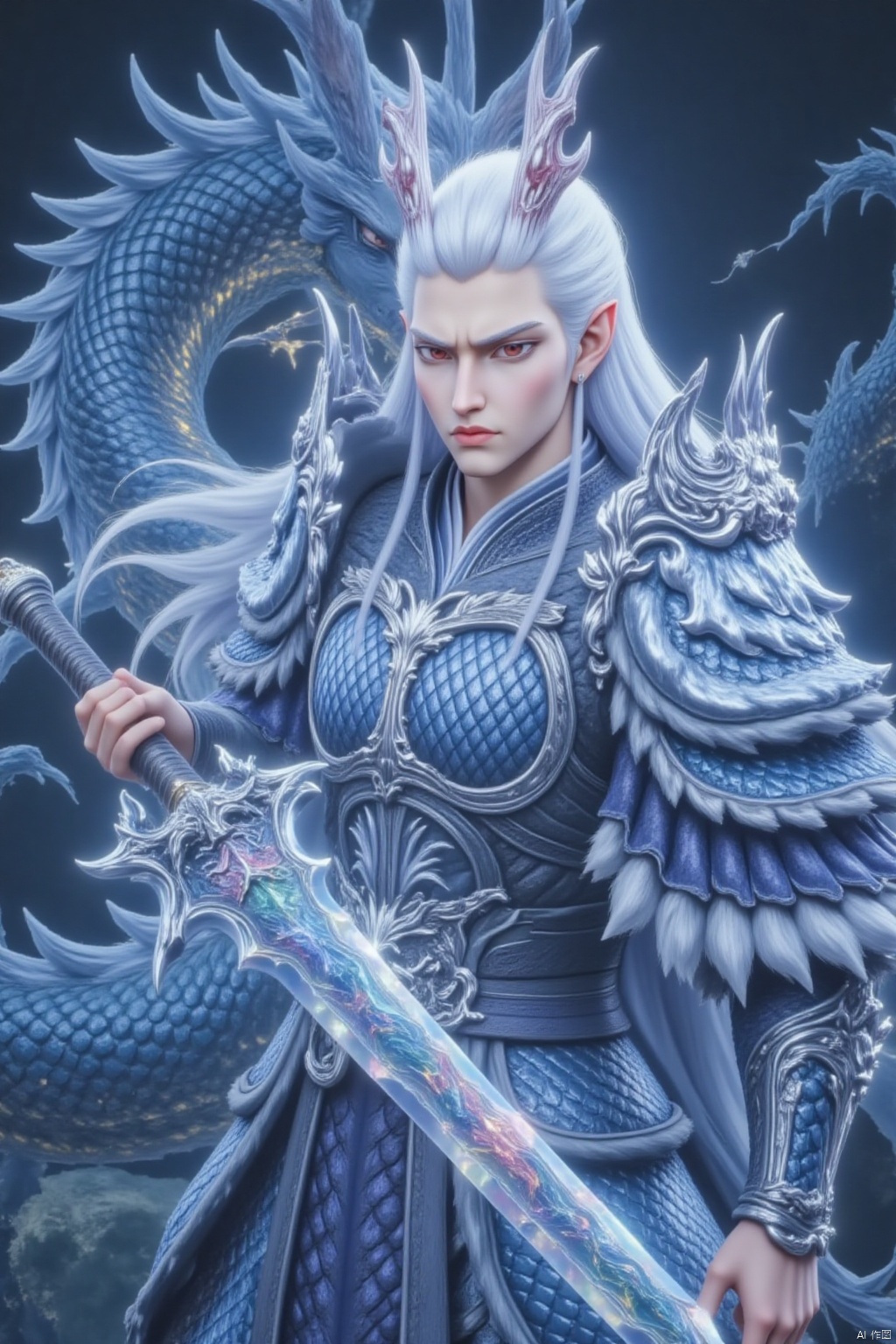 solo, long hair, red eyes, 1boy, weapon, white hair, male focus, horns, teeth, pointy ears, sword, armor, fangs, dragon