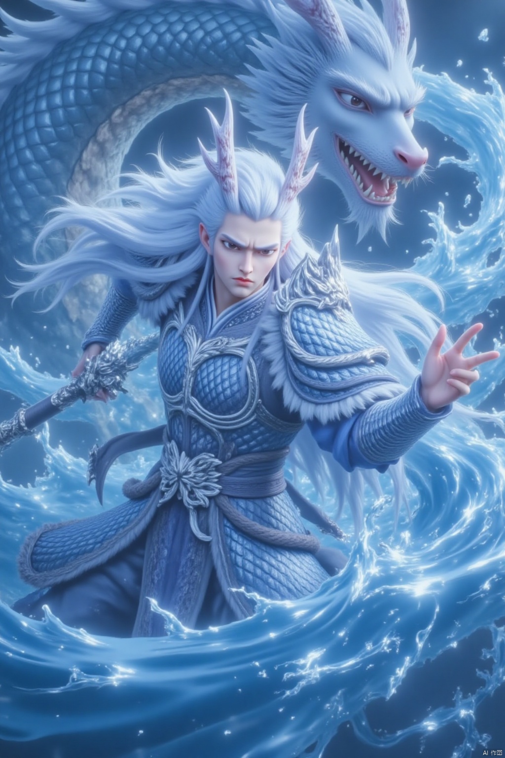 long hair, 1boy, holding, weapon, white hair, male focus, horns, sword, water, cape, holding weapon, armor, holding sword, dragon, blue cape