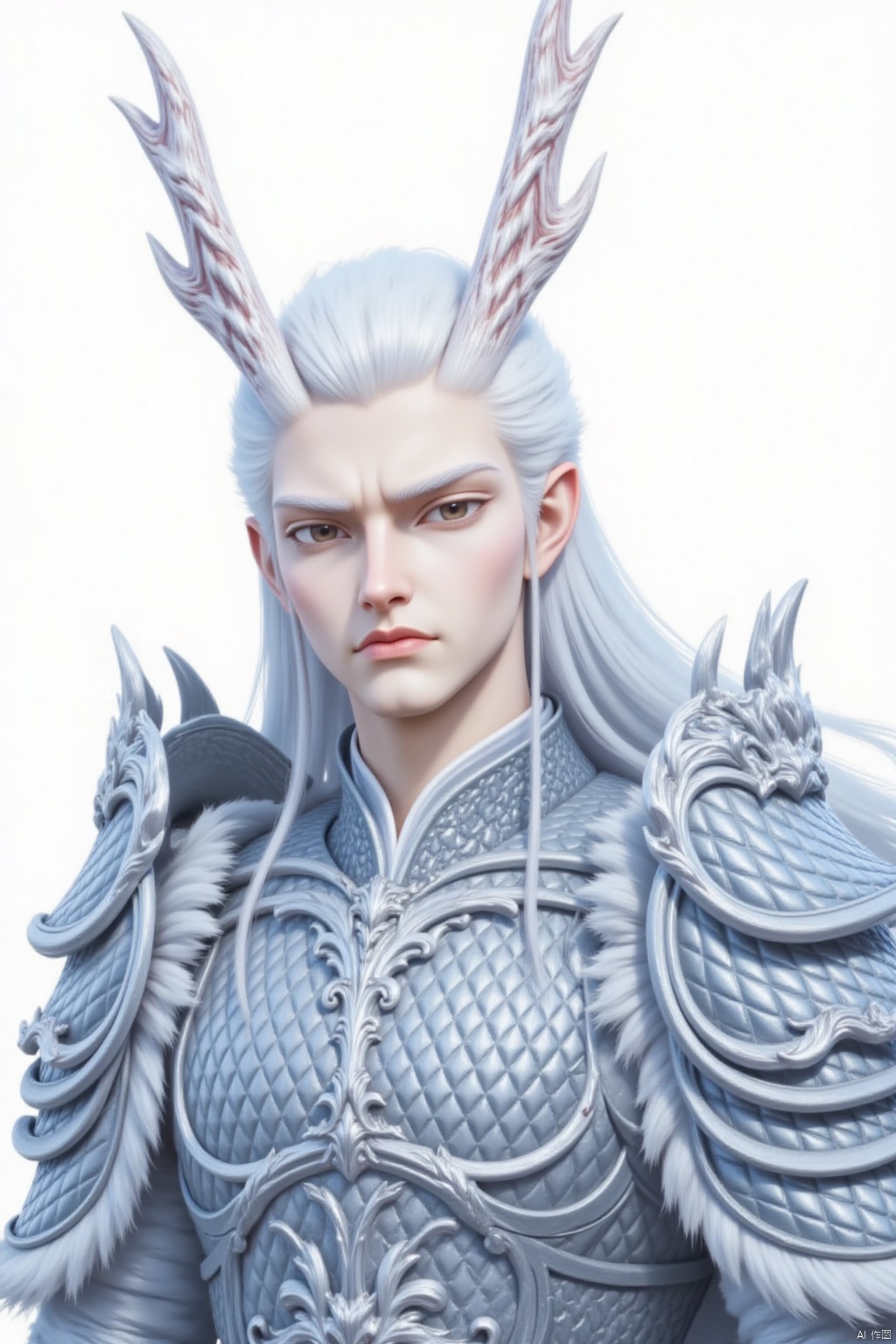 solo, long hair, looking at viewer, simple background, 1boy, white background, brown eyes, closed mouth, upper body, white hair, male focus, horns, pointy ears, armor, shoulder armor, pauldrons