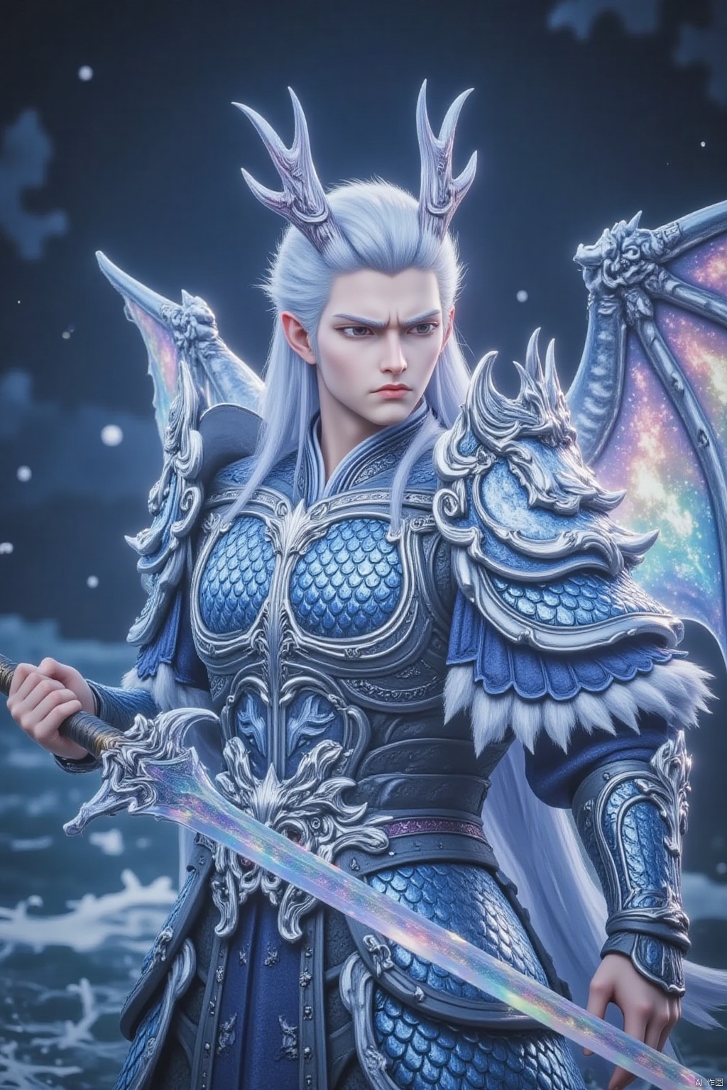 solo, long hair, looking at viewer, 1boy, holding, standing, weapon, white hair, male focus, wings, horns, pointy ears, sword, holding weapon, armor, holding sword, breastplate, dragon wings