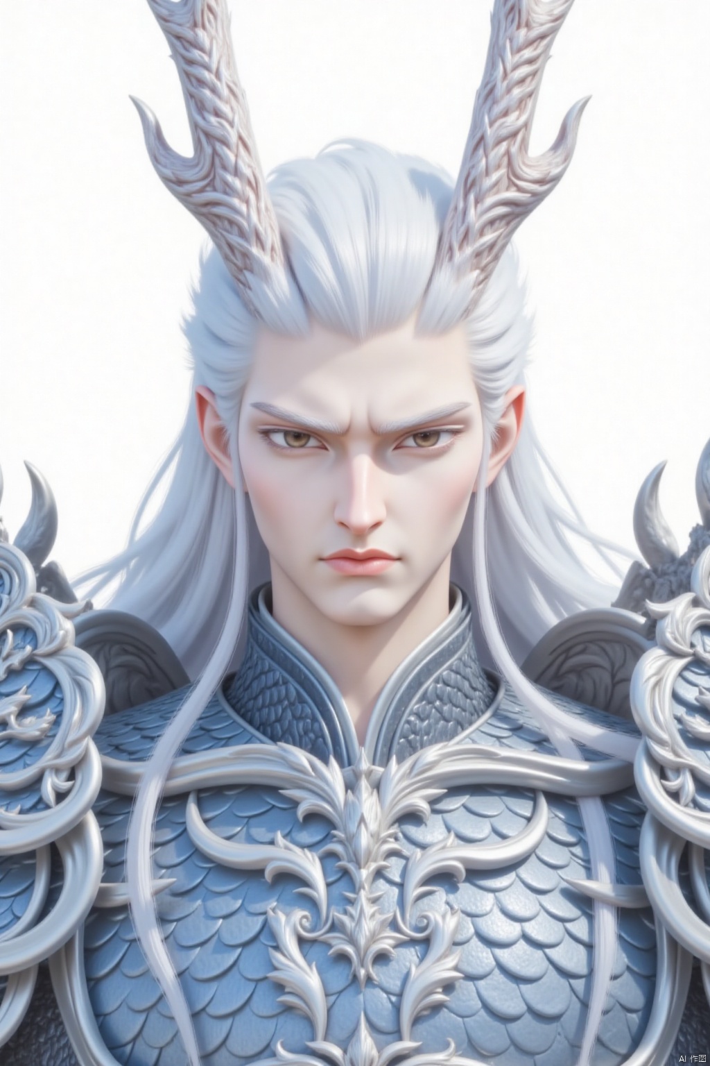 solo, long hair, looking at viewer, simple background, 1boy, white background, brown eyes, closed mouth, upper body, white hair, male focus, horns, pointy ears, armor, shoulder armor, pauldrons
