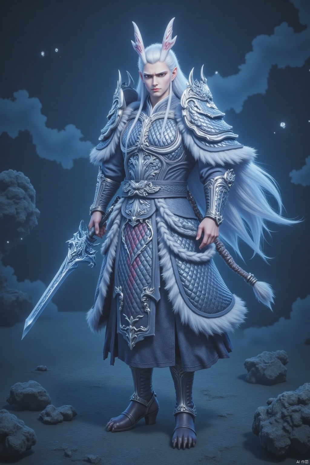 1boy,solo, long hair, 1boy, holding, standing, weapon, white hair, male focus, horns, sword, holding weapon, armor, holding sword, fantasy
