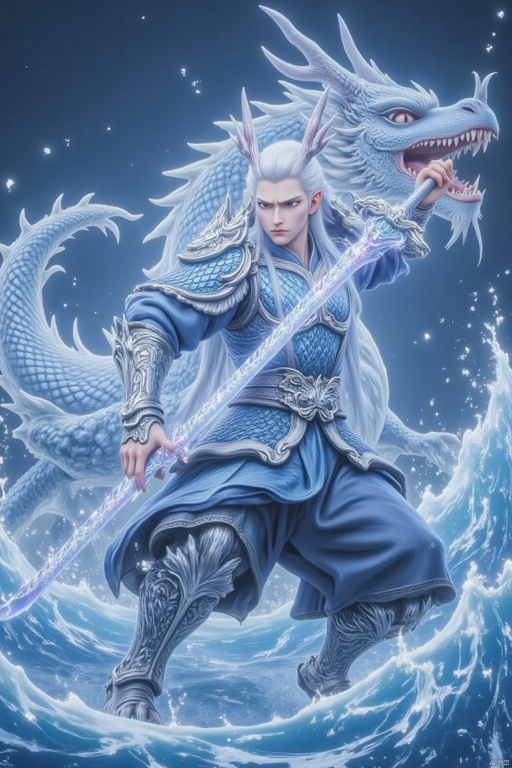 solo, 1boy, weapon, white hair, male focus, boots, horns, sword, water, armor, holding sword, dragon