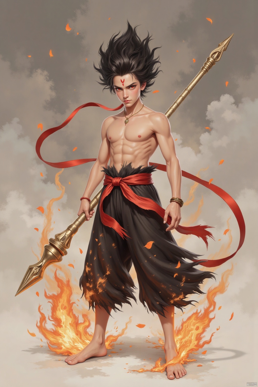 solo, black hair, red eyes, 1boy, holding, jewelry, full body, weapon, male focus, barefoot, bracelet, abs, fire, polearm, staff,forehead mark,