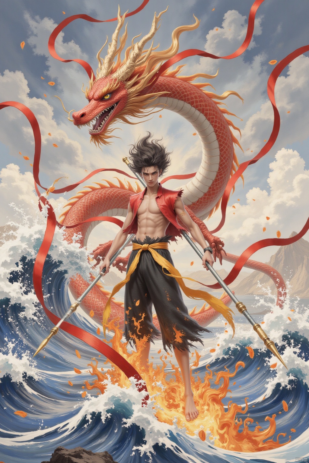 solo, 1boy, weapon, male focus, water, fire, polearm, spear, dragon, waves, eastern dragon