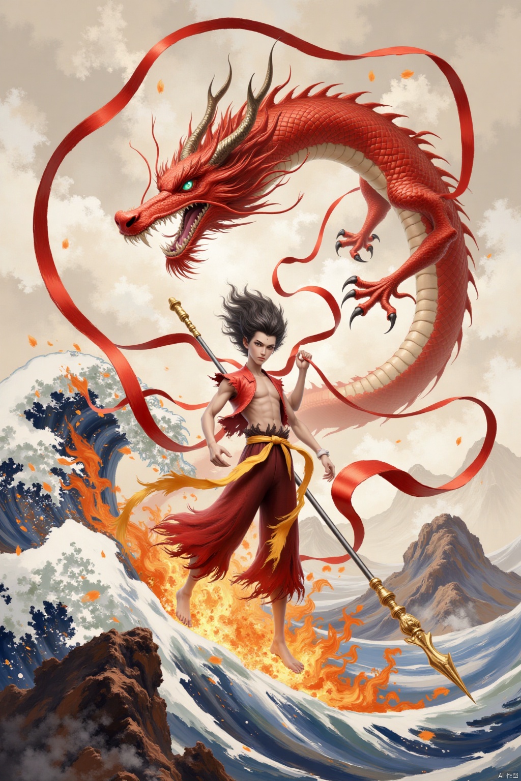 solo, 1boy, weapon, male focus, water, fire, polearm, spear, dragon, waves, eastern dragon,nezha,