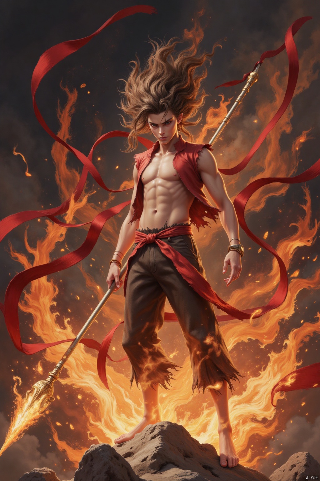 1boy, solo, long hair, brown hair, weapon, fire, polearm, spear