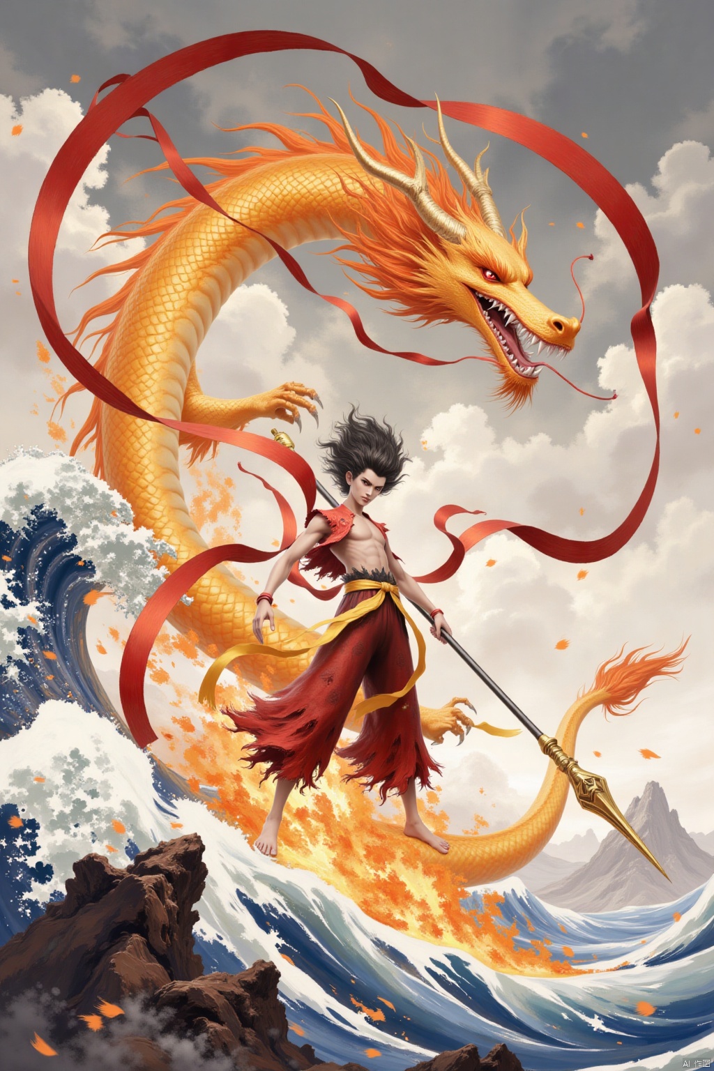 solo, 1boy, weapon, male focus, water, fire, polearm, spear, dragon, waves, eastern dragon,nezha,