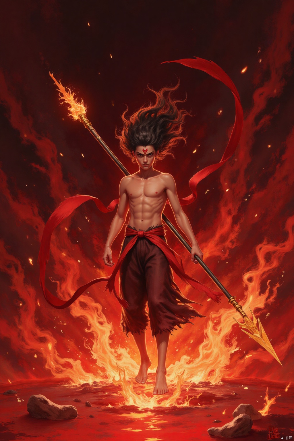 solo, long hair, black hair, 1boy, holding, weapon, male focus, barefoot, sword, holding weapon, fire, polearm, topless male, spear, red theme, burning