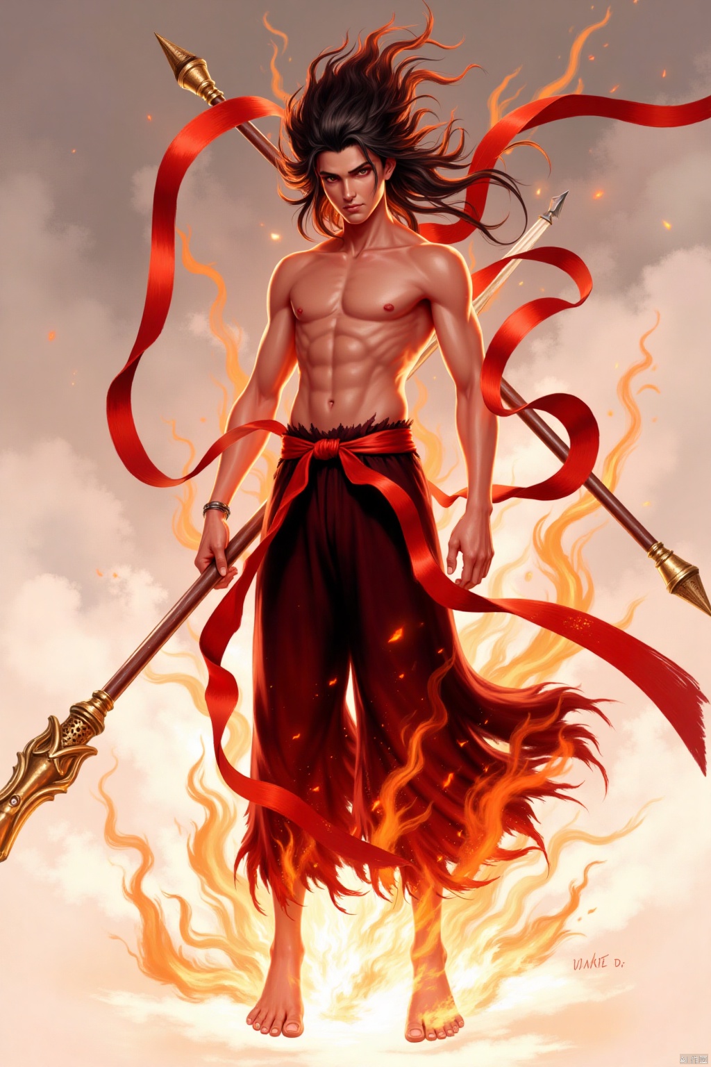 solo, long hair, black hair, 1boy, holding, weapon, male focus, barefoot, sword, holding weapon, fire, polearm, topless male, spear, red theme, burning,nezha,