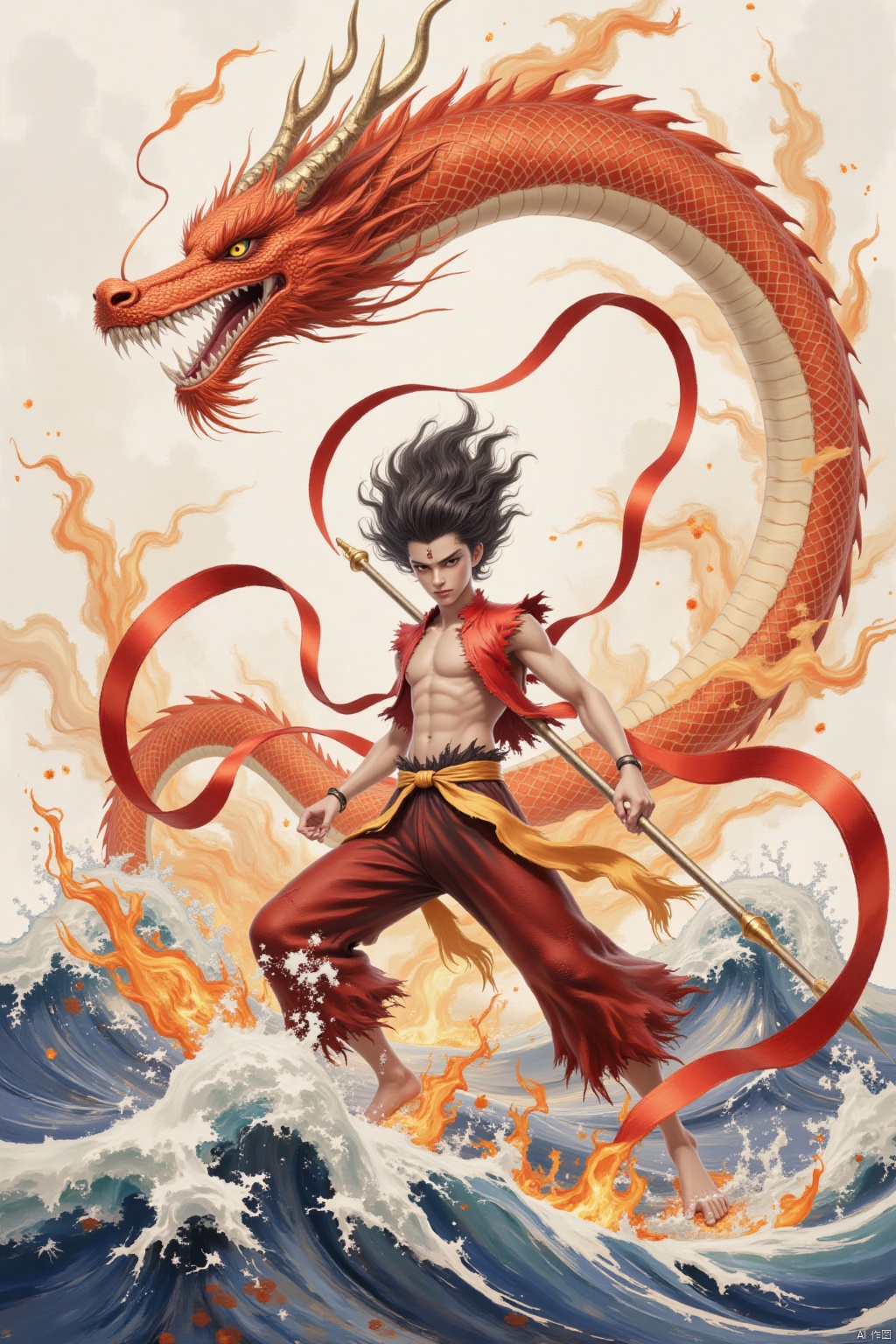 solo, 1boy, weapon, male focus, water, fire, polearm, spear, dragon, waves, eastern dragon