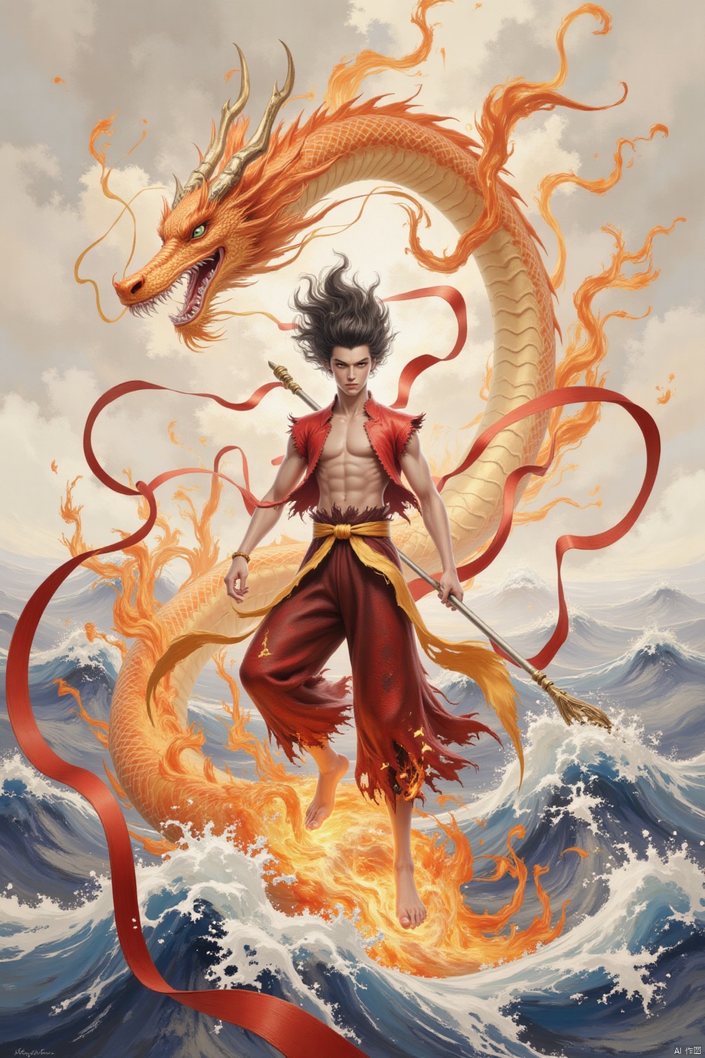 solo, 1boy, weapon, male focus, water, fire, polearm, spear, dragon, waves, eastern dragon,nezha,