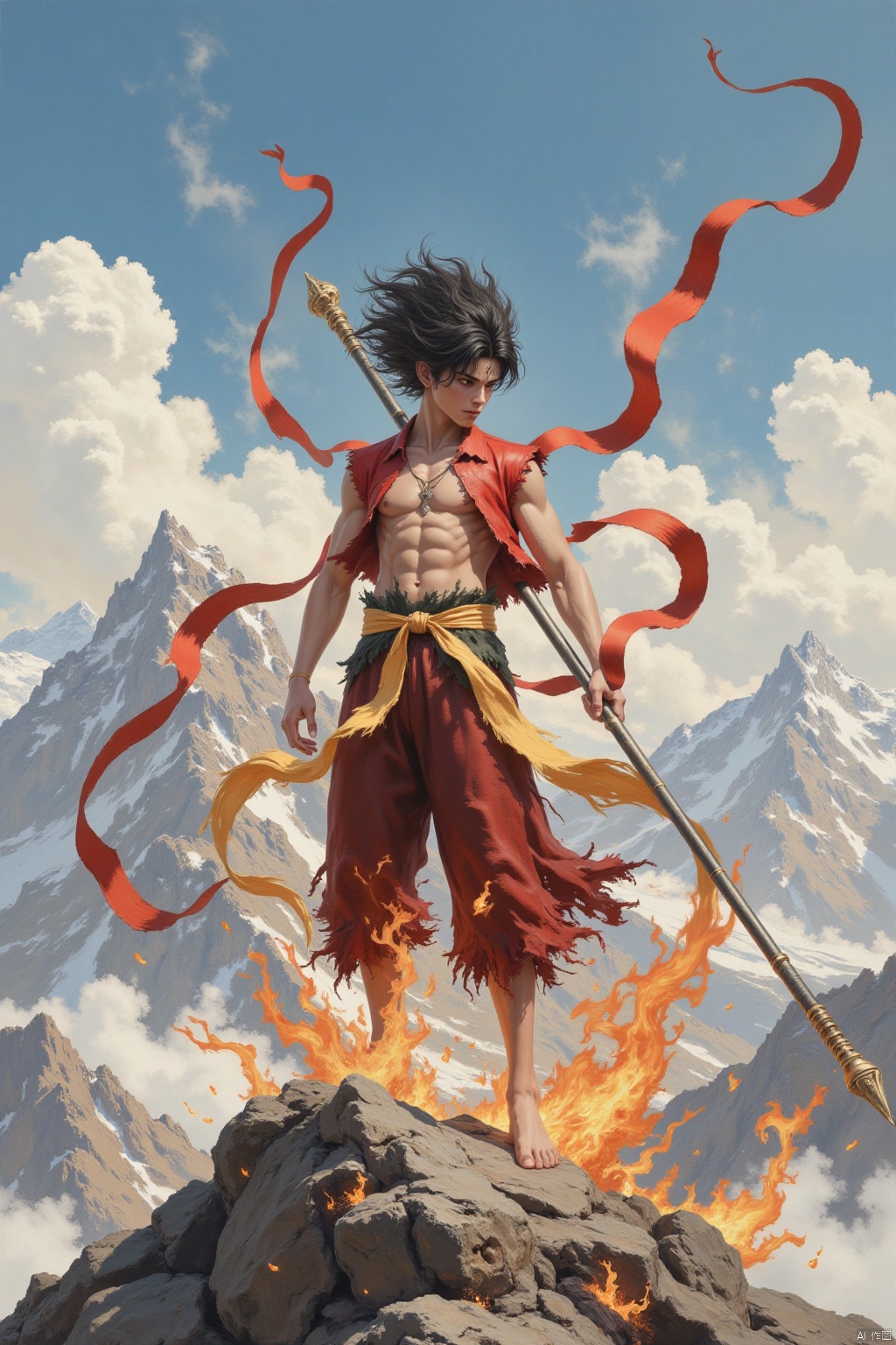 solo, black hair, 1boy, holding, weapon, male focus, barefoot, , fire, polearm, staff, mountain