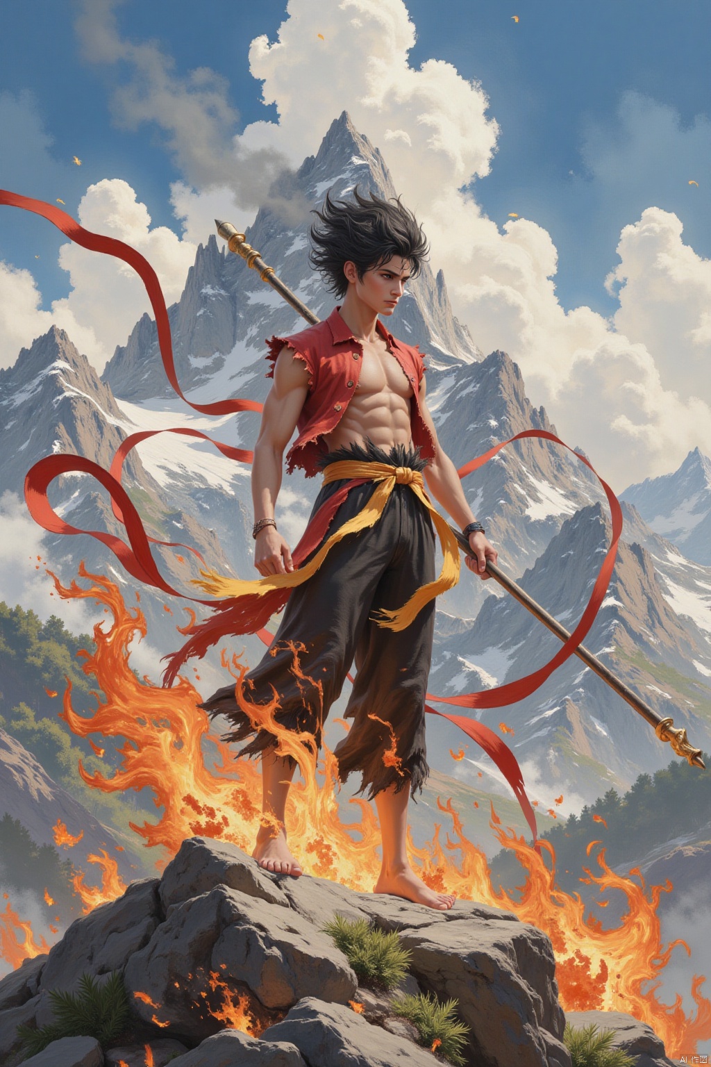 solo, black hair, 1boy, holding, weapon, male focus, barefoot, , fire, polearm, staff, mountain