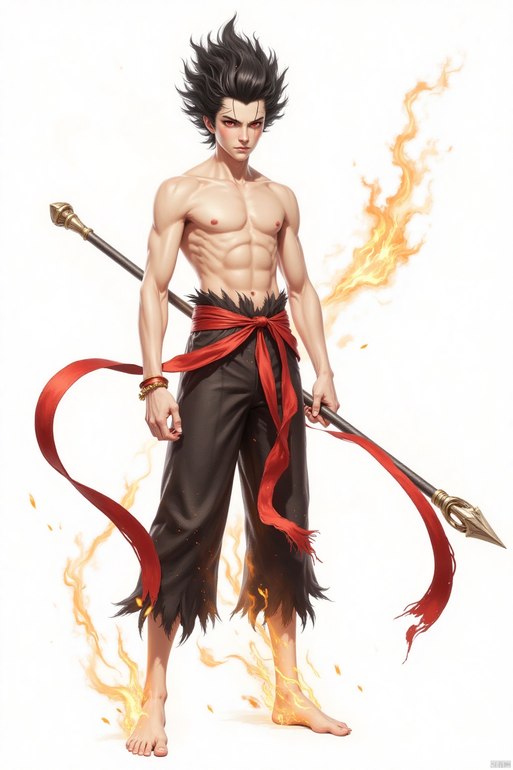 solo, black hair, red eyes, 1boy, holding, jewelry, full body, weapon, male focus, barefoot, bracelet, abs, fire, polearm, staff