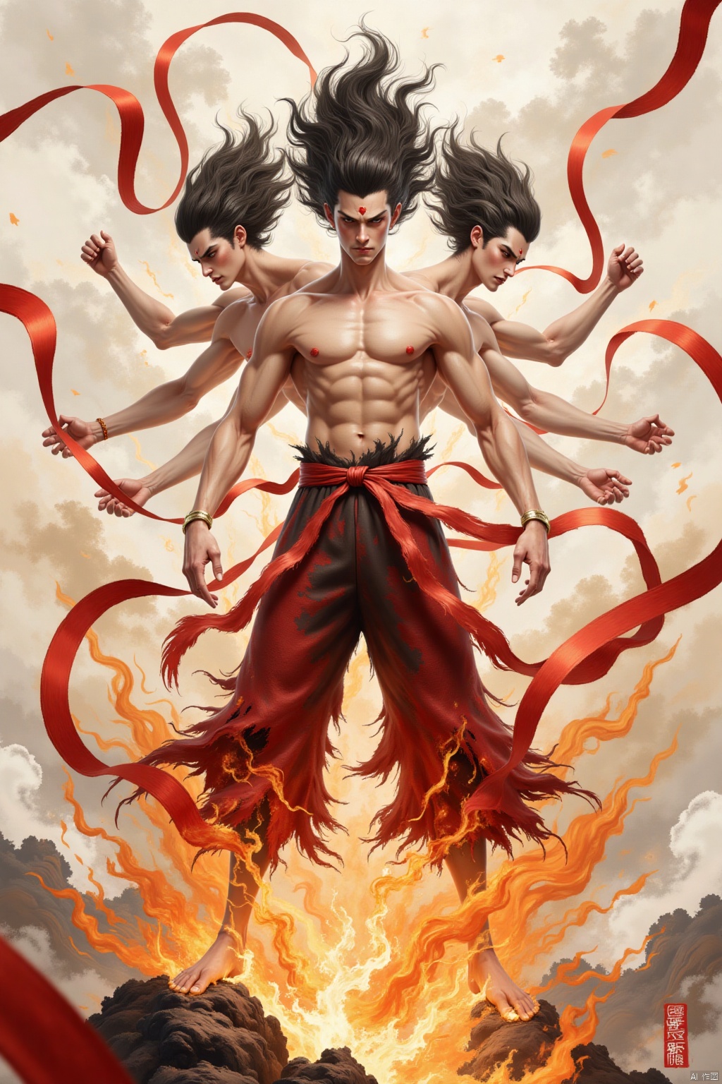 A majestic, three-headed, six-armed warrior emerges from a fiery inferno, his muscular physique radiating power. Shirtless and adorned with spiky black hair, he wears tattered red trousers and a crimson sash. His faces, each a unique blend of determination and ferocity, seem to embody the essence of Chinese calligraphy. Flames dance beneath his feet, as red ribbons swirl around him like wisps of smoke. The dynamic pose conveys intense vitality, with bold lines and subtle ink-wash textures evoking the elegance of traditional Chinese art.