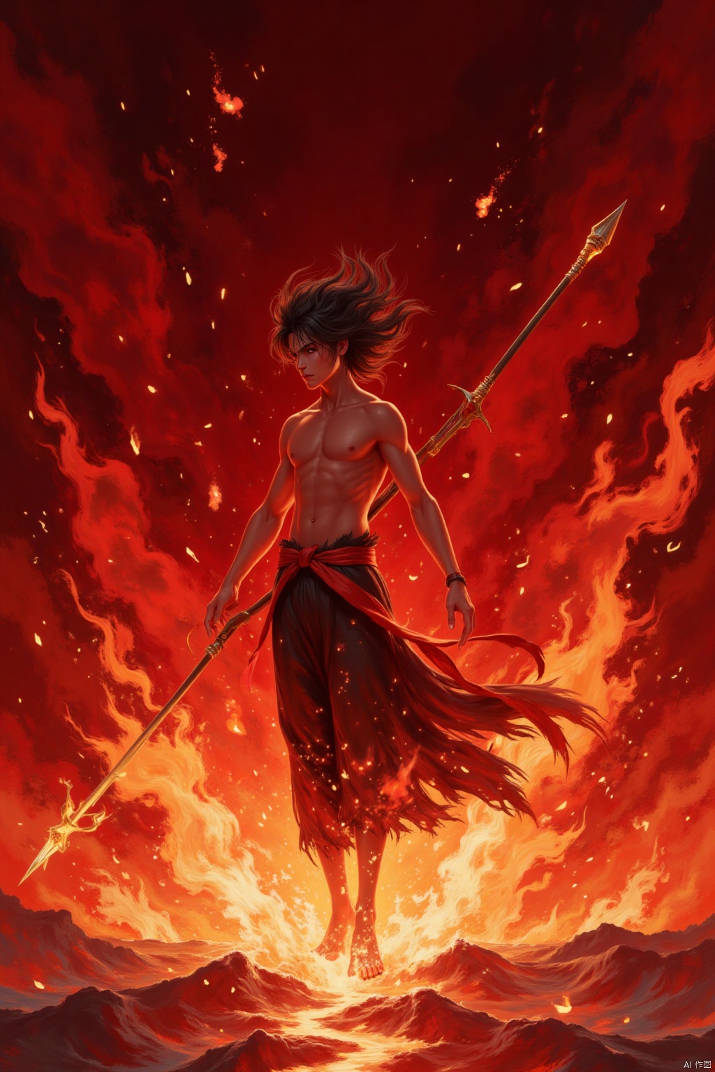 solo, long hair, black hair, 1boy, holding, weapon, male focus, barefoot, sword, holding weapon, fire, polearm, topless male, spear, red theme, burning