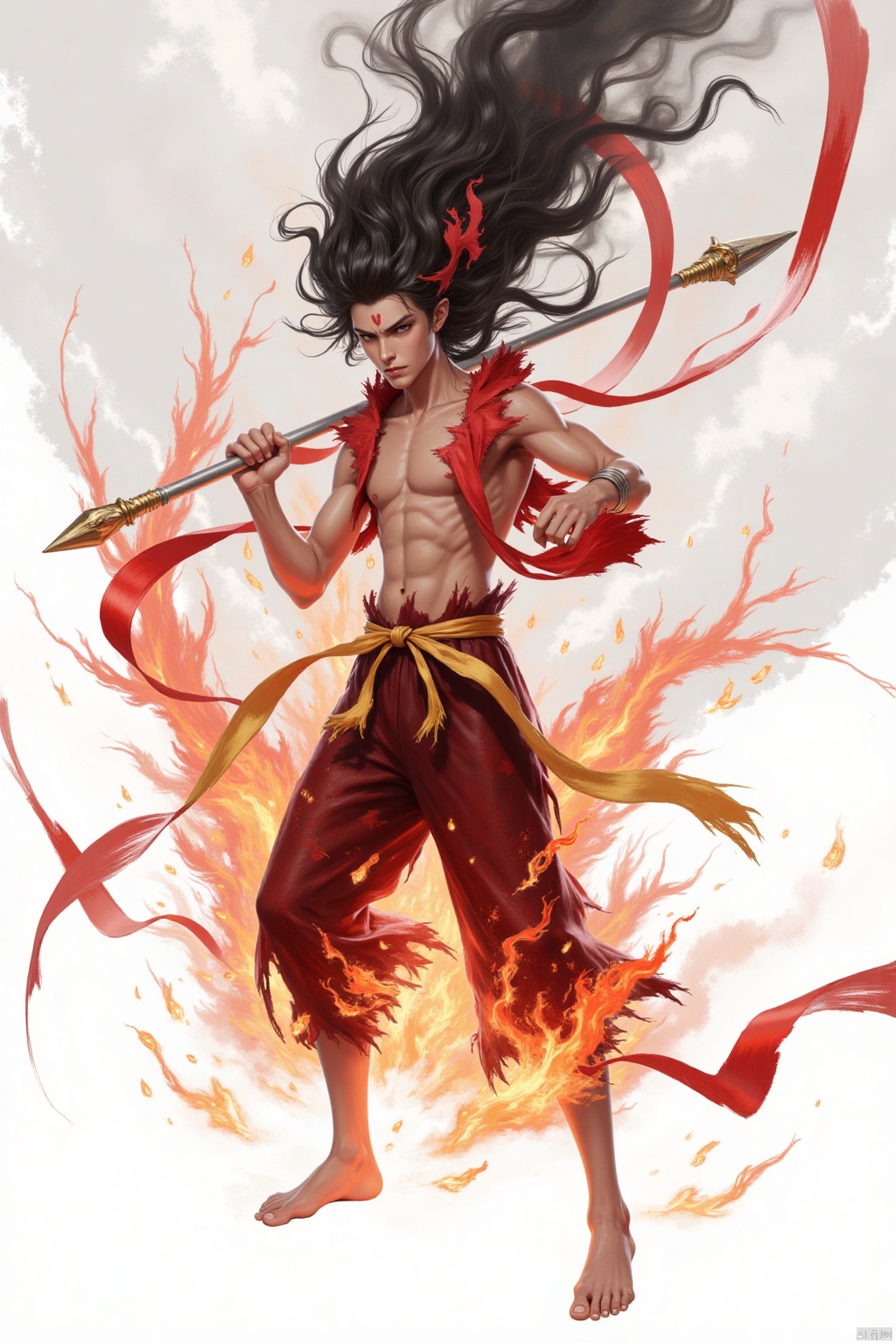 solo, long hair, black hair, 1boy, holding, weapon, male focus, barefoot, sword, holding weapon, fire, polearm, topless male, spear, red theme, burning