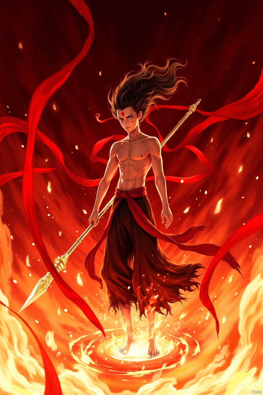 solo, long hair, black hair, 1boy, holding, weapon, male focus, barefoot, sword, holding weapon, fire, polearm, topless male, spear, red theme, burning,nezha,forehead mark,
