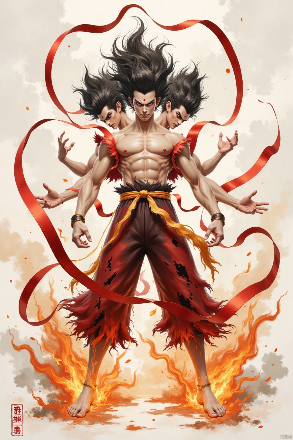 A tri-headed, six-armed behemoth, shirtless and muscular, with spiky black hair, stands amidst fiery tumult. Three distinct expressions - fierce determination, cunning calculation, and wild abandon - are etched on each face. Tattered red trousers and a crimson sash adorn the figure as flames erupt beneath his feet, swirling red ribbons dancing around him. Dynamic pose exudes intense vitality, set against a backdrop of high-contrast textures and delicate ink-wash lines.