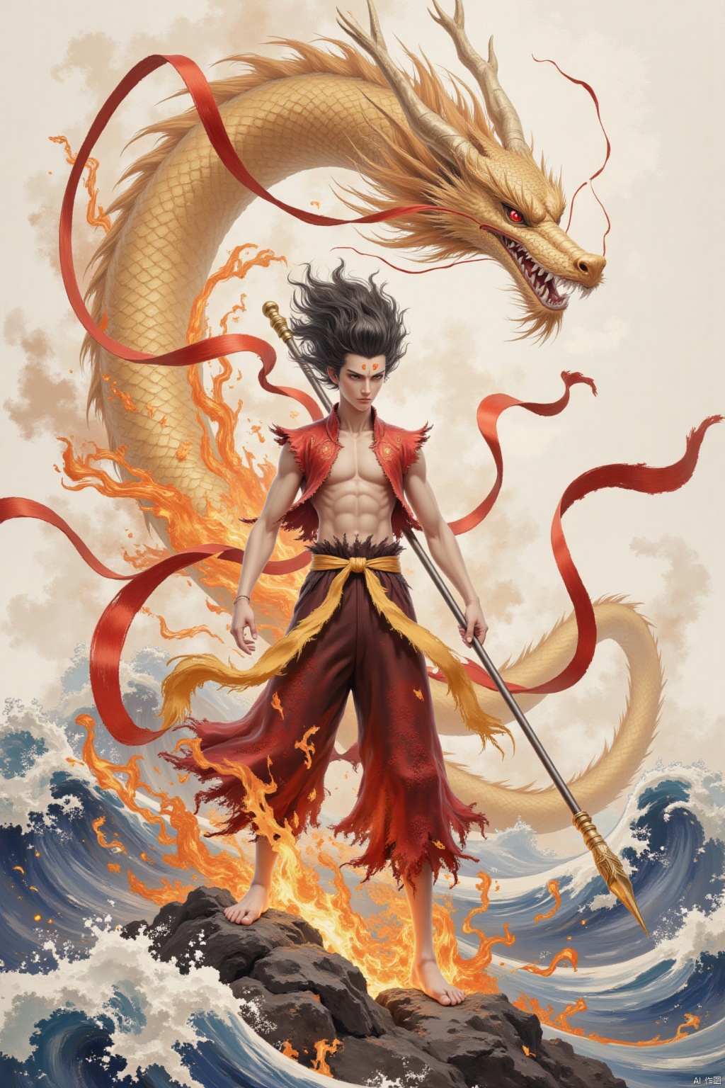 solo, 1boy, weapon, male focus, water, fire, polearm, spear, dragon, waves, eastern dragon,nezha,