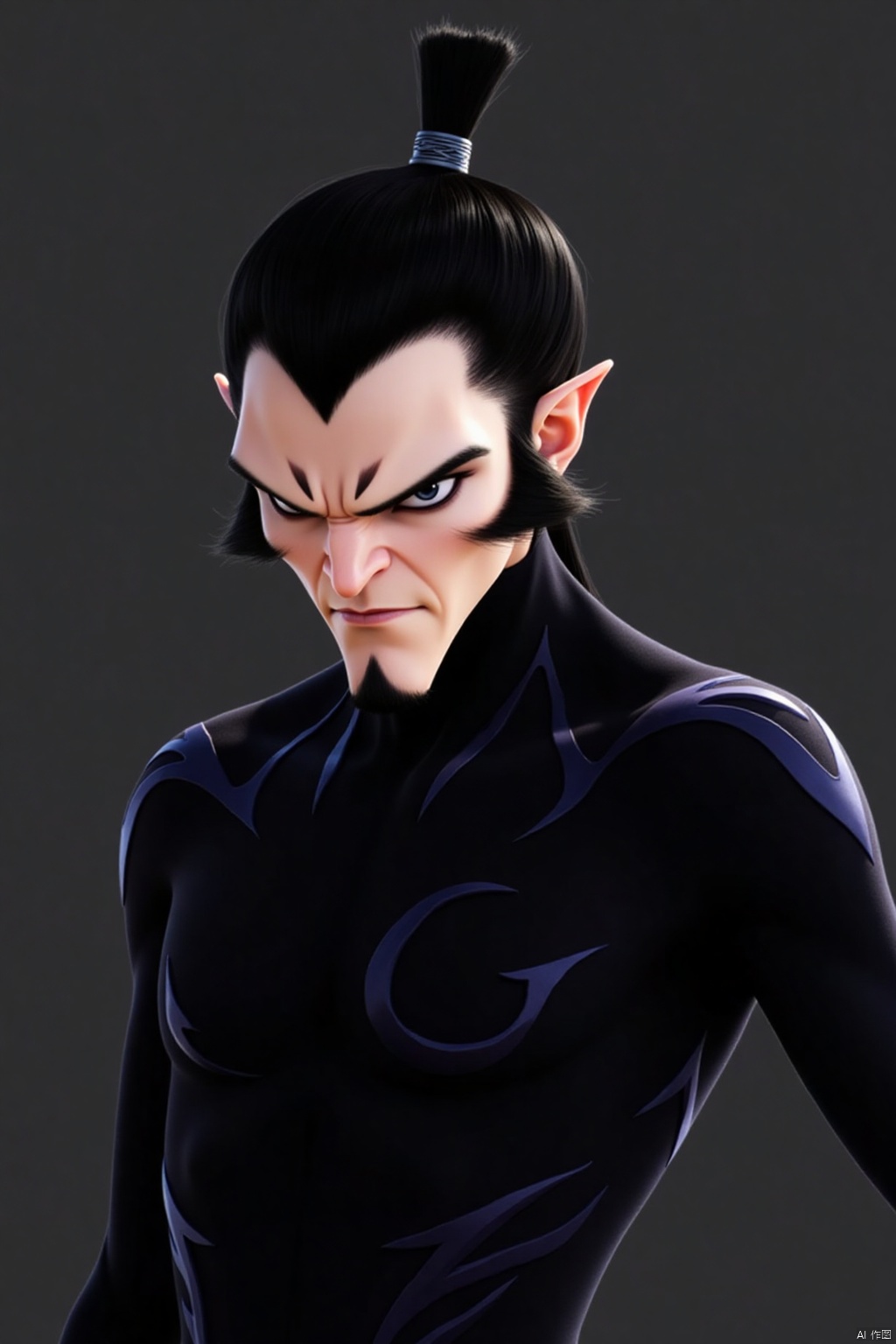 solo, looking at viewer, simple background, black hair, 1boy, upper body, male focus, pointy ears, black eyes, bodysuit, facial hair, black background, topknot